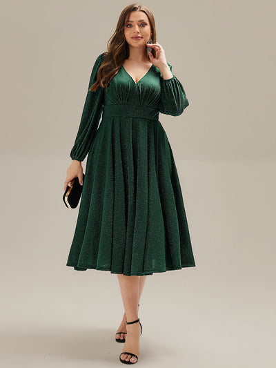 Plus Size With Pocket Glitter Midi Wedding Guest Dress #color_Dark Green