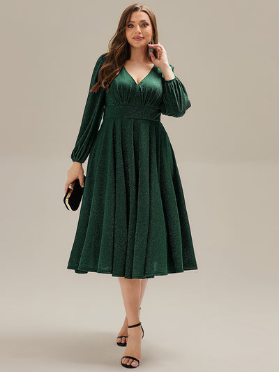 Plus Size Glitter long Sleeve Midi Dress With Pocket #color_Dark Green