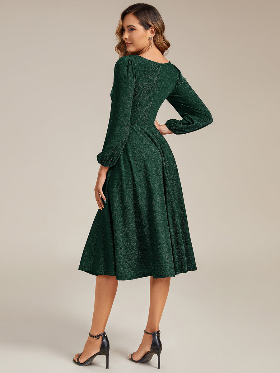Glitter long Sleeve A-Line Midi Dress With Pocket #color_Dark Green