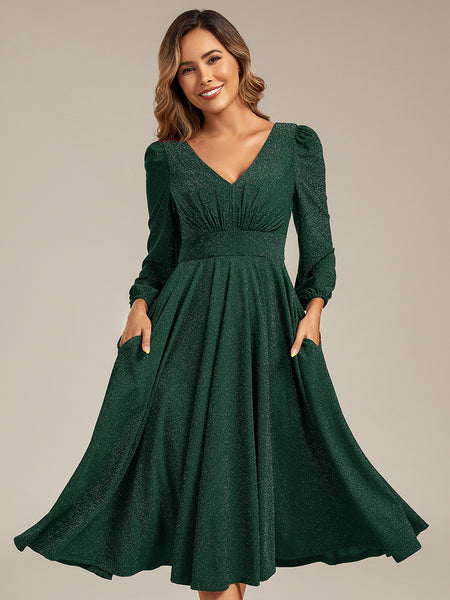 Long Sleeve Glitter Sparkly Midi Dress with Pockets for Wedding Guests &  Holiday Parties