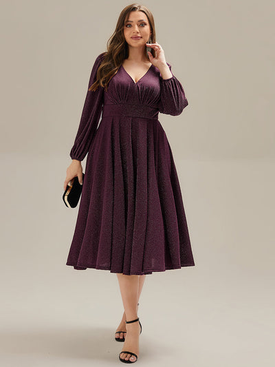 Plus Size With Pocket Glitter Midi Wedding Guest Dress #color_Dark Purple