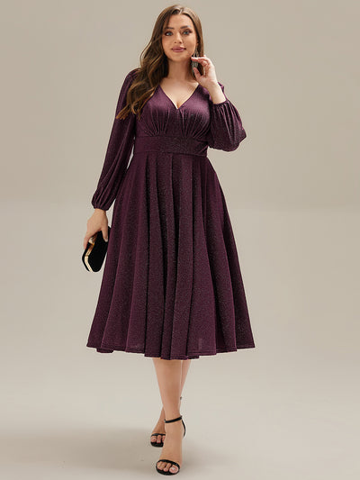 Plus Size Glitter long Sleeve Midi Dress With Pocket #color_Dark Purple