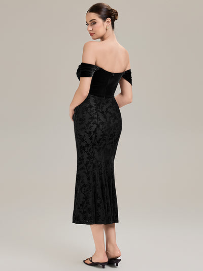 Cowl Neck Velvet Drop Shoulder Sleeve Wedding Guest Dress #color_Black