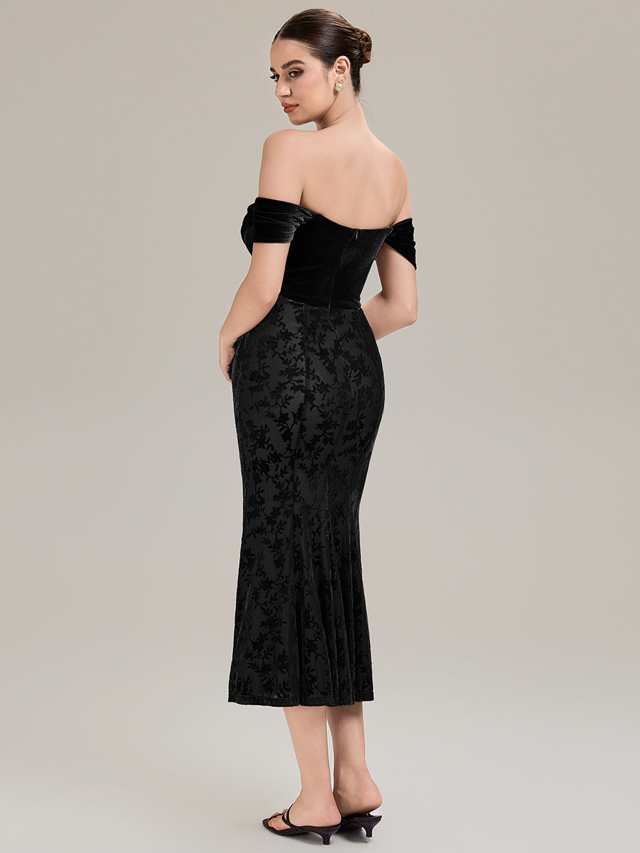 Cowl Neck Velvet Drop Shoulder Sleeve Wedding Guest Dress #color_Black