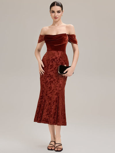 Cowl Neck Velvet Drop Shoulder Sleeve Wedding Guest Dress #color_Brick Red