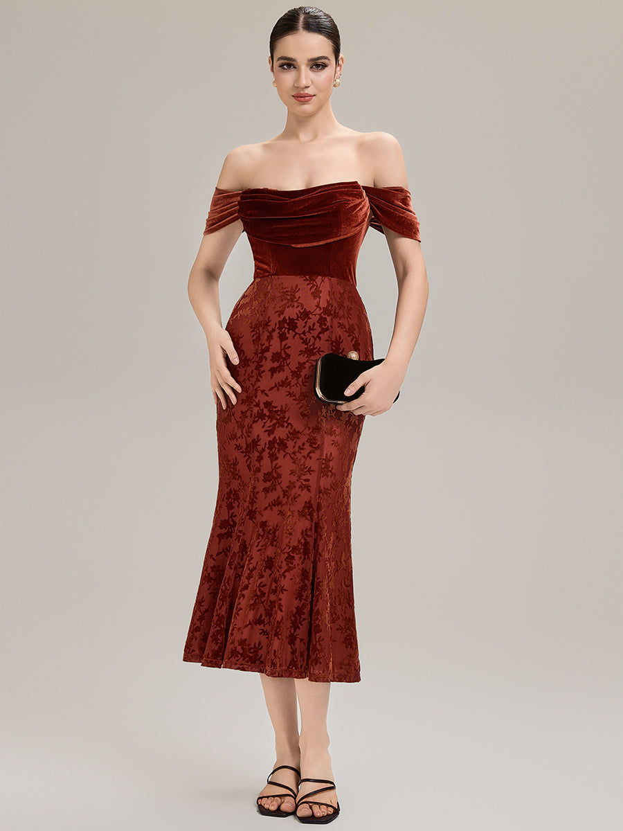 Cowl Neck Velvet Drop Shoulder Sleeve Wedding Guest Dress #color_Brick Red