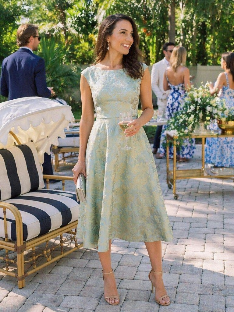 Floral Print Jacquard Cap Sleeve Wedding Guest Dress #color_Sky Blue/Gold