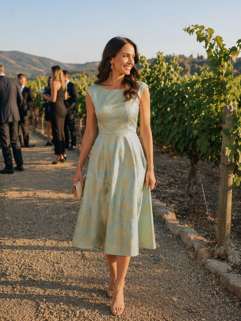 Floral Print Jacquard Cap Sleeve Wedding Guest Dress #color_Sky Blue/Gold
