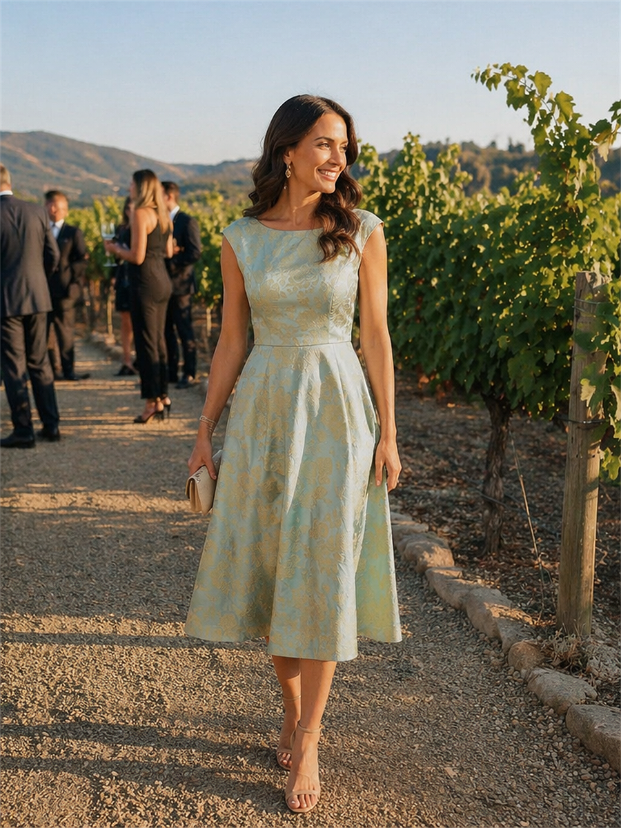 Floral Print Jacquard Cap Sleeve Wedding Guest Dress #color_Sky Blue/Gold