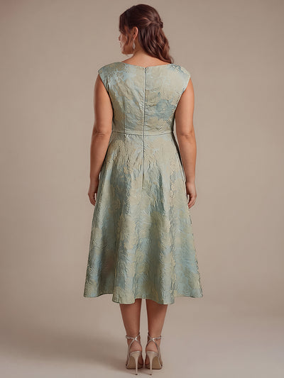Plus Size Floral Jacquard Tea-Length A-Line Wedding Guest Dress #color_Sky Blue/Gold