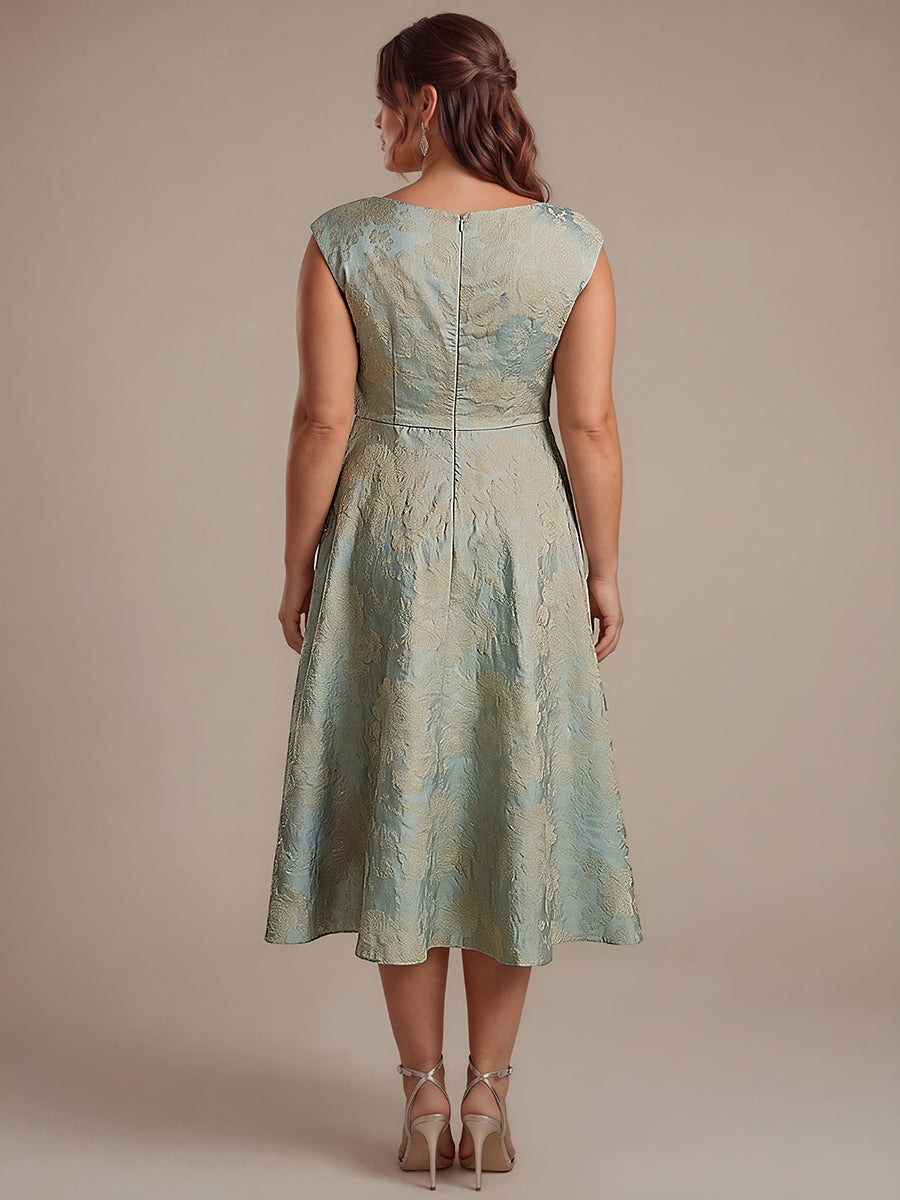 Plus Size Floral Jacquard Tea-Length A-Line Wedding Guest Dress #color_Sky Blue/Gold