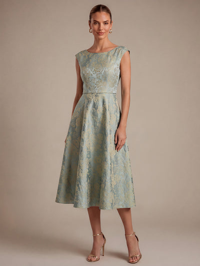 Floral Print Jacquard Cap Sleeve Wedding Guest Dress