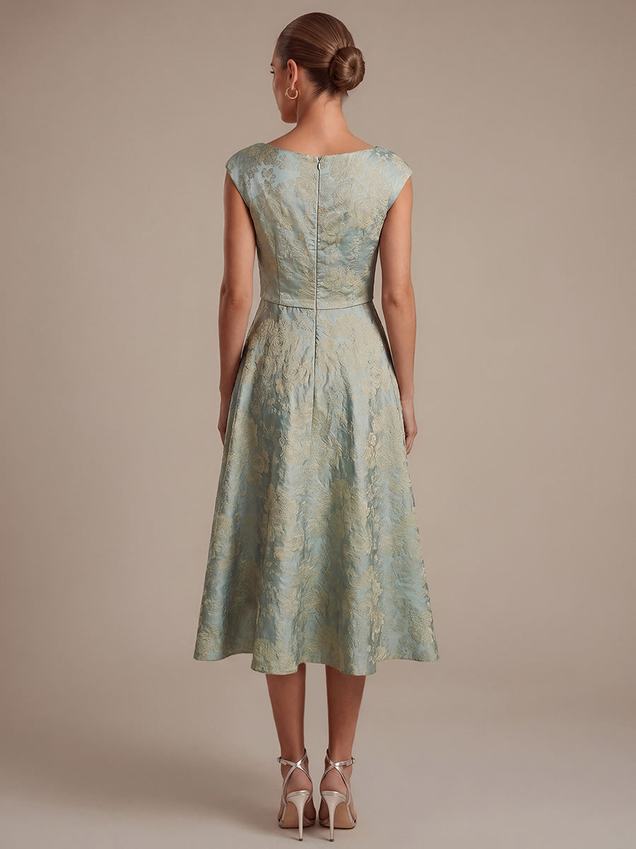 Floral Print Jacquard Cap Sleeve Wedding Guest Dress #color_Sky Blue