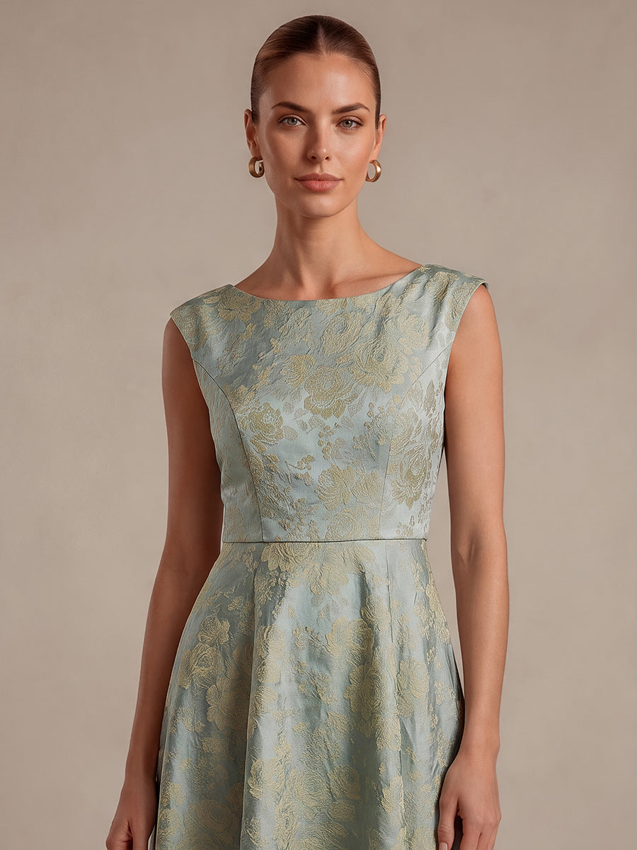 Floral Print Jacquard Cap Sleeve Wedding Guest Dress #color_Sky Blue