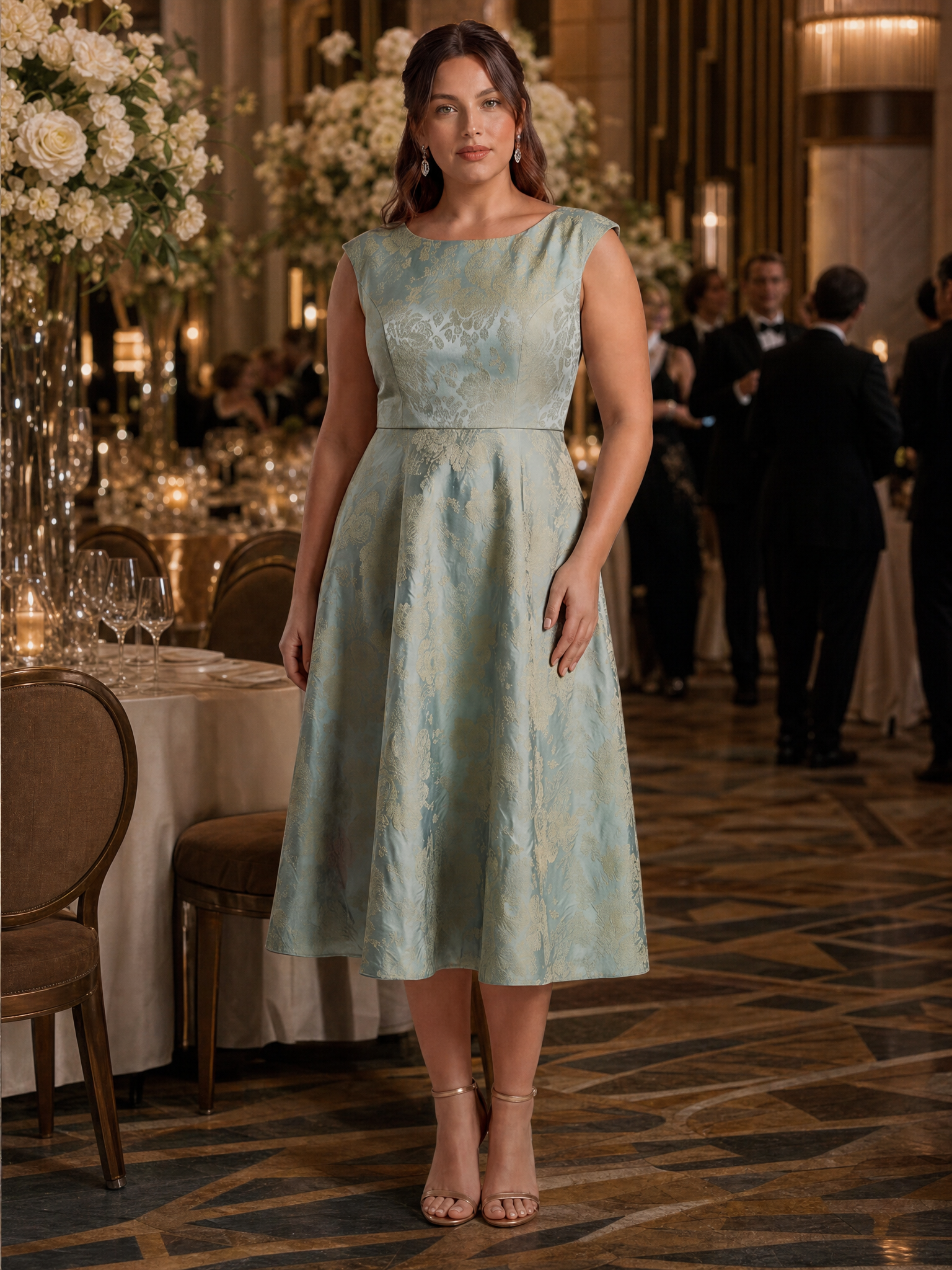 Plus Size Floral Jacquard Tea-Length A-Line Wedding Guest Dress #color_Sky Blue/Gold