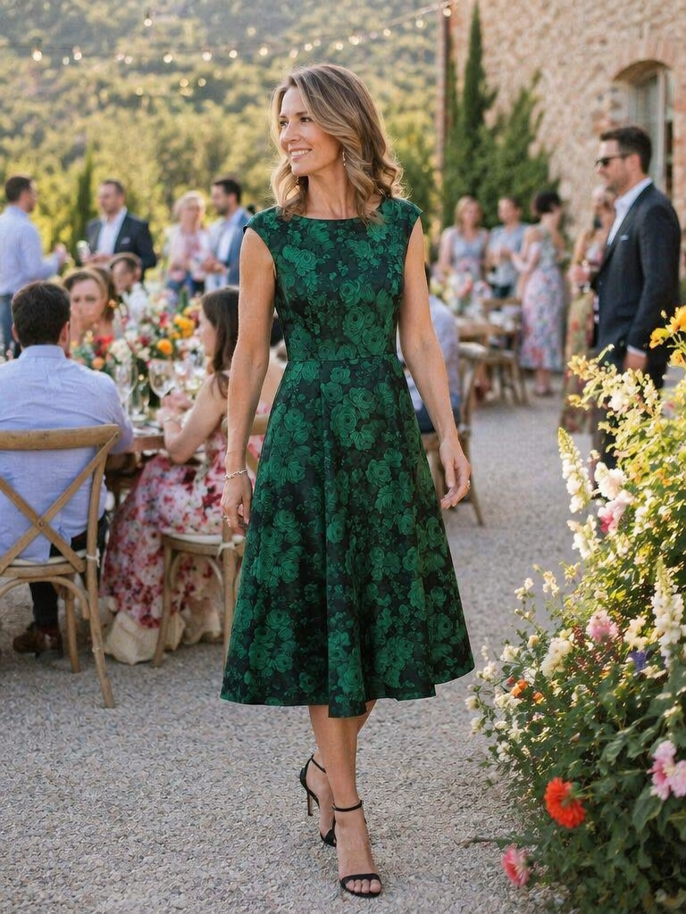 Floral Print Jacquard Cap Sleeve Wedding Guest Dress #color_Dark Green/Black