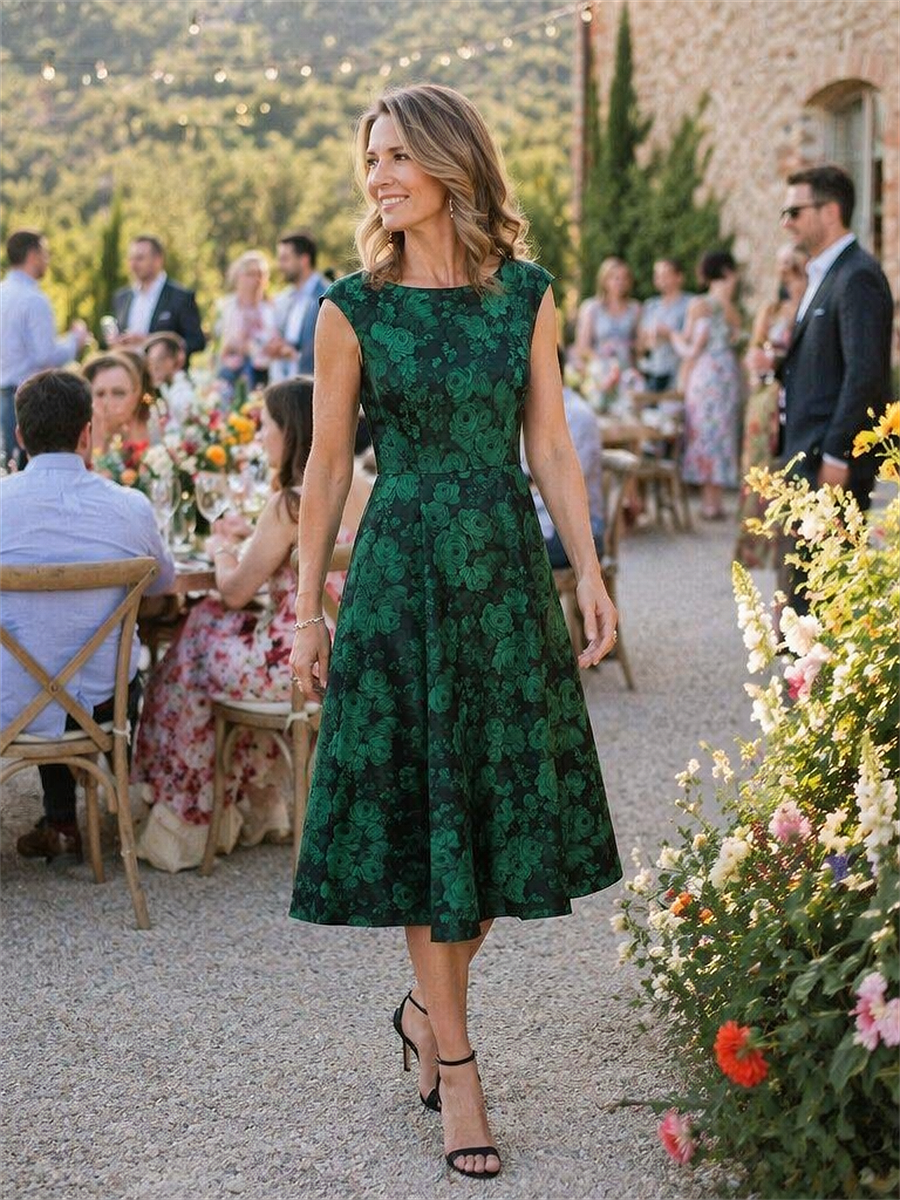 Ever-Pretty Floral Print Jacquard Cap Sleeve Fall Formal Wedding Guest Dress