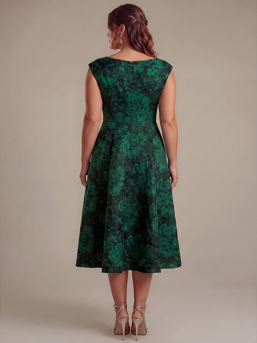 Plus Size Floral Jacquard Tea-Length A-Line Wedding Guest Dress #color_Dark Green/Black