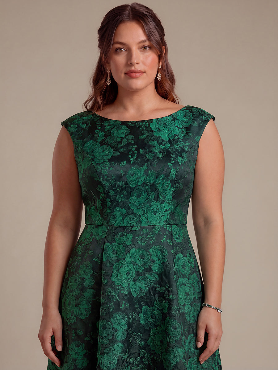 Plus Size Floral Jacquard Tea-Length A-Line Wedding Guest Dress #color_Dark Green/Black
