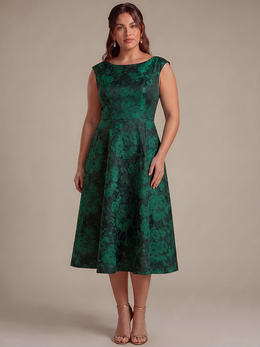 Plus Size Floral Jacquard Tea-Length A-Line Wedding Guest Dress #color_Dark Green/Black