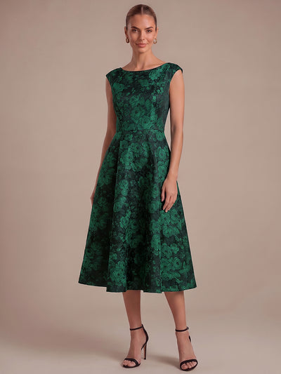 Floral Print Jacquard Cap Sleeve Wedding Guest Dress