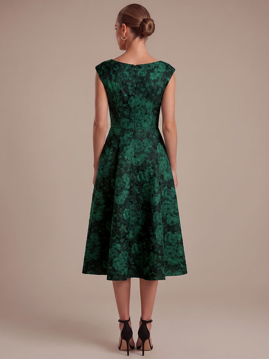 Floral Print Jacquard Cap Sleeve Wedding Guest Dress #color_Dark Green