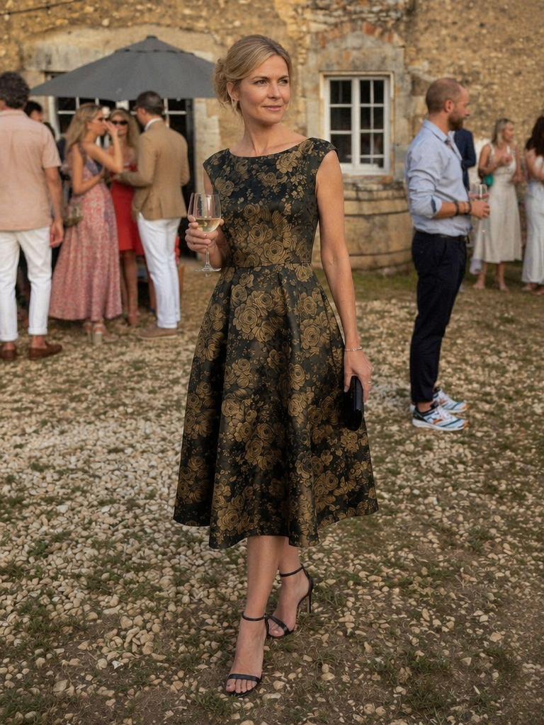 Floral Print Jacquard Cap Sleeve Wedding Guest Dress #color_Black/Gold