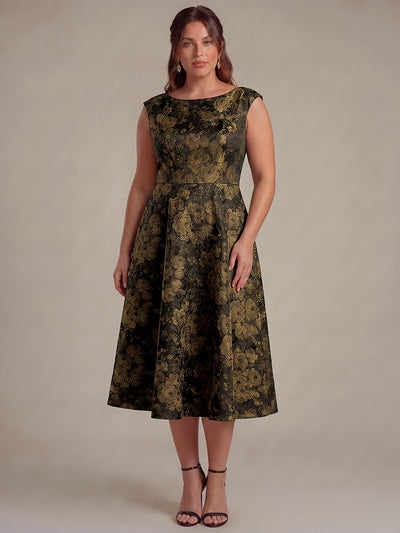 Plus Size Floral Jacquard Tea-Length A-Line Wedding Guest Dress