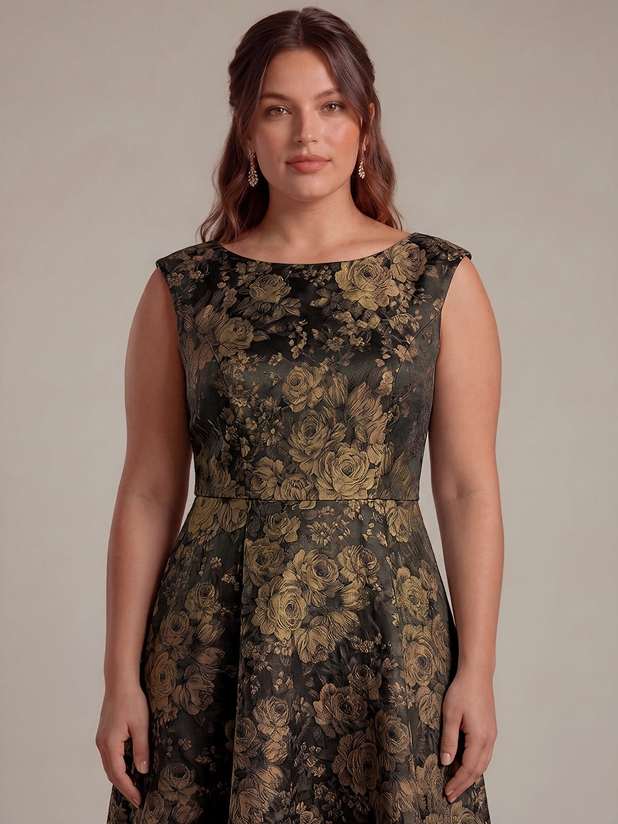 Plus Size Floral Jacquard Tea-Length A-Line Wedding Guest Dress #color_Black/Gold