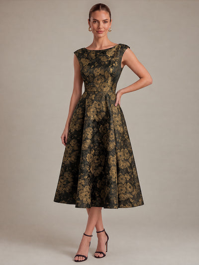 Floral Print Jacquard Cap Sleeve Wedding Guest Dress