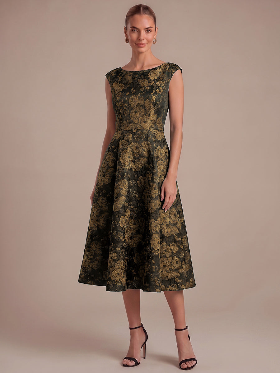 Floral Print Jacquard Cap Sleeve Wedding Guest Dress #color_Black & Gold