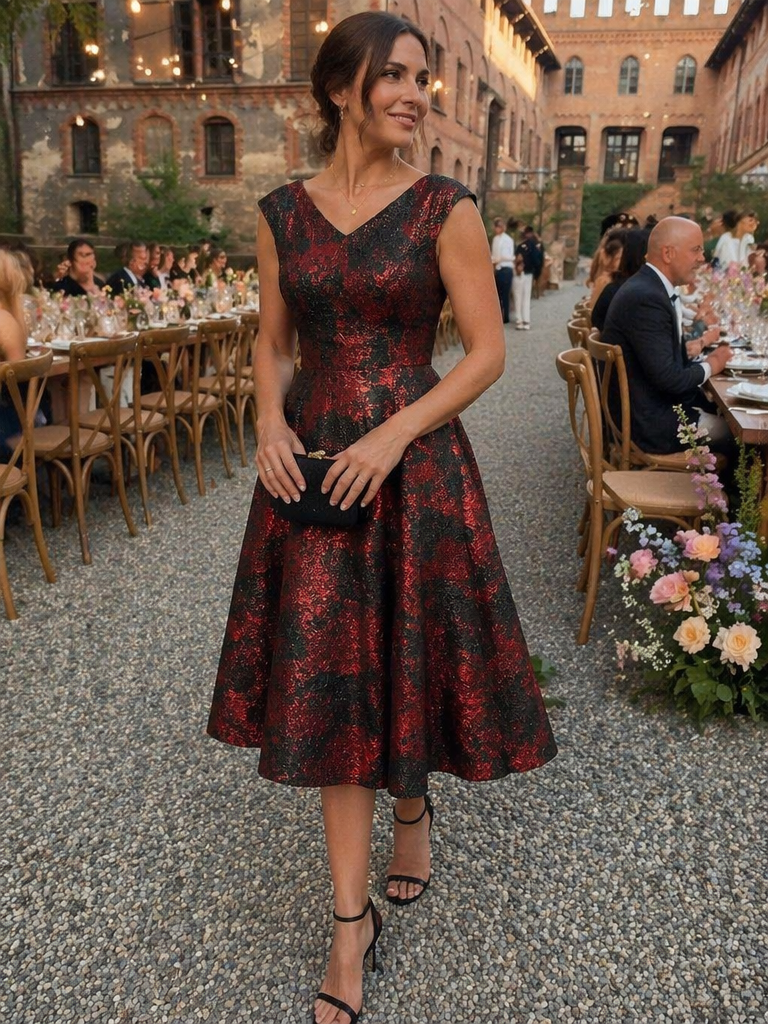 Jacquard Cap Sleeve A-Line Wedding Guest Dress #color_Burgundy/Black