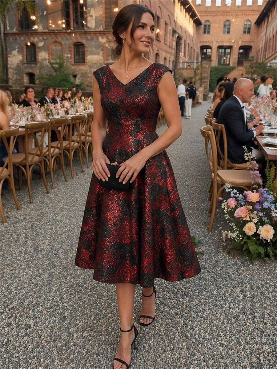 Jacquard Cap Sleeve A-Line Wedding Guest Dress #color_Burgundy/Black