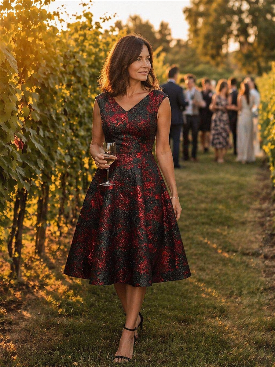 Jacquard Cap Sleeve A-Line Wedding Guest Dress #color_Burgundy/Black