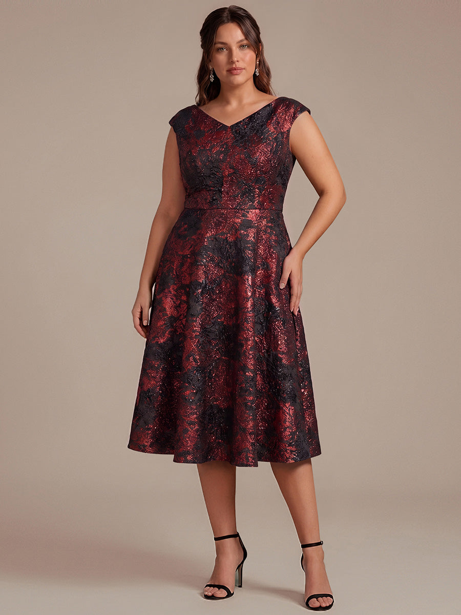 Jacquard Cap Sleeve A-Line Wedding Guest Dress #color_Burgundy/Black