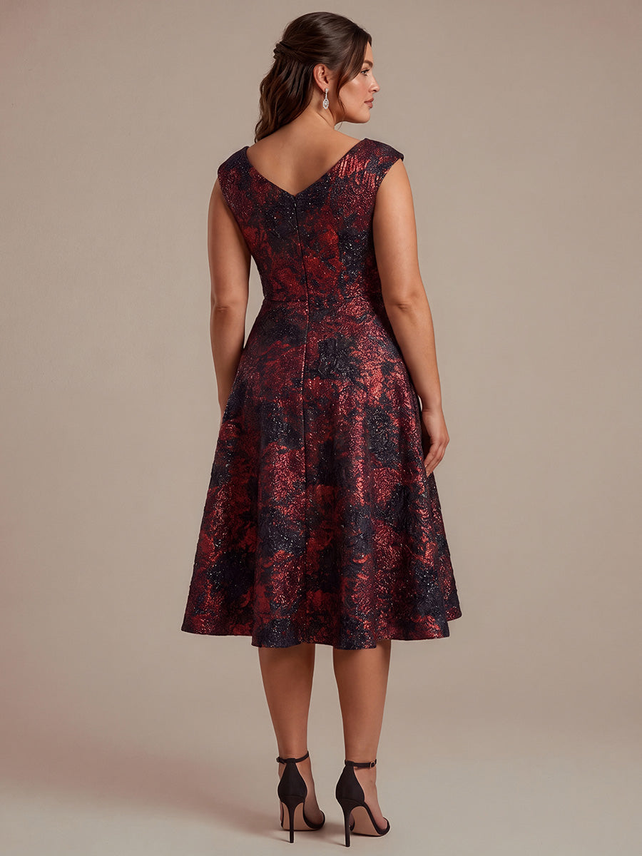 Jacquard Cap Sleeve A-Line Wedding Guest Dress #color_Burgundy/Black