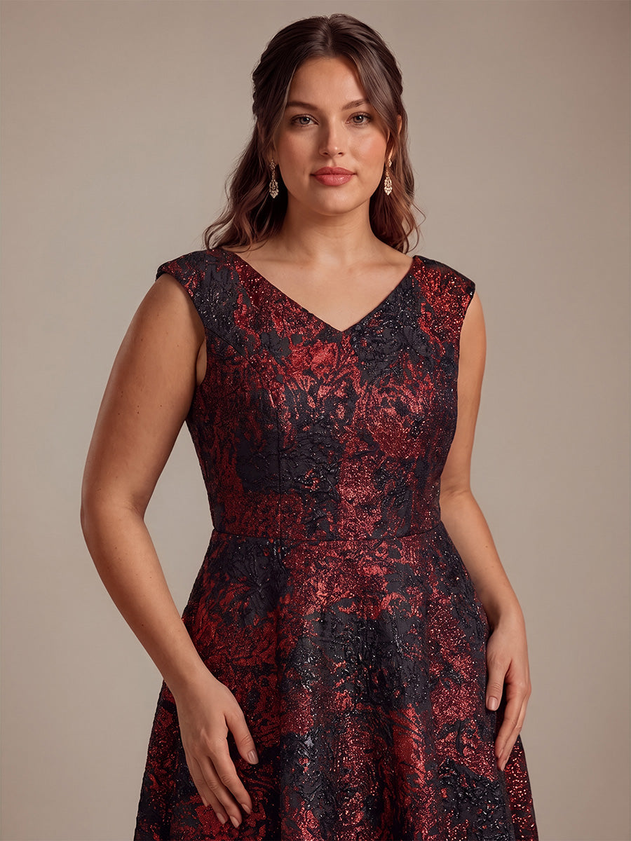 Jacquard Cap Sleeve A-Line Wedding Guest Dress #color_Burgundy/Black