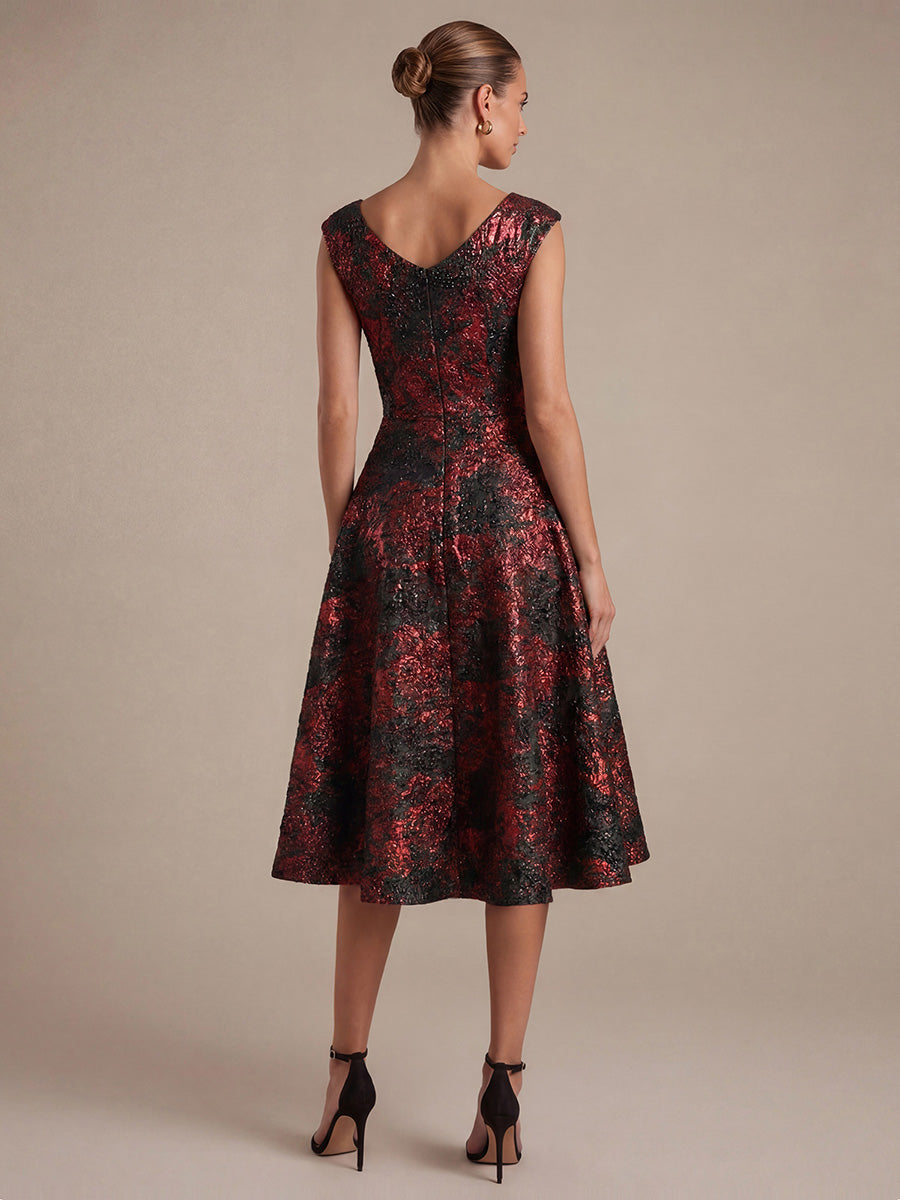 Jacquard Cap Sleeve A-Line Wedding Guest Dress #color_Burgundy