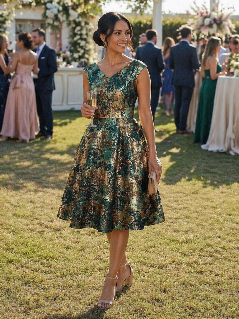 Jacquard Cap Sleeve A-Line Wedding Guest Dress #color_Dark Green/Gold