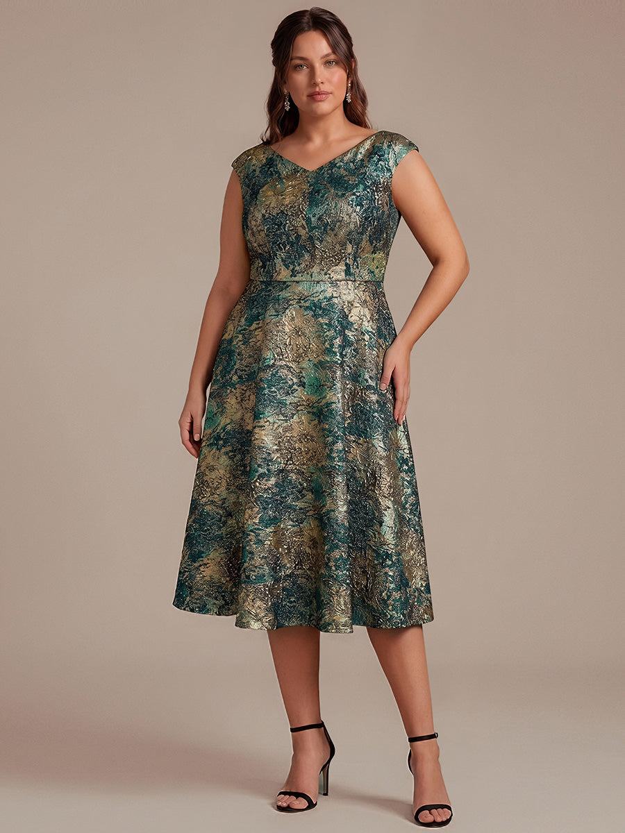 Jacquard Cap Sleeve A-Line Wedding Guest Dress #color_Dark Green/Gold