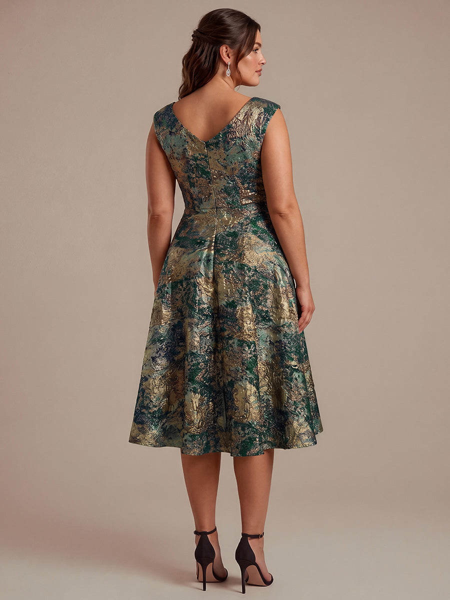 Jacquard Cap Sleeve A-Line Wedding Guest Dress #color_Dark Green/Gold