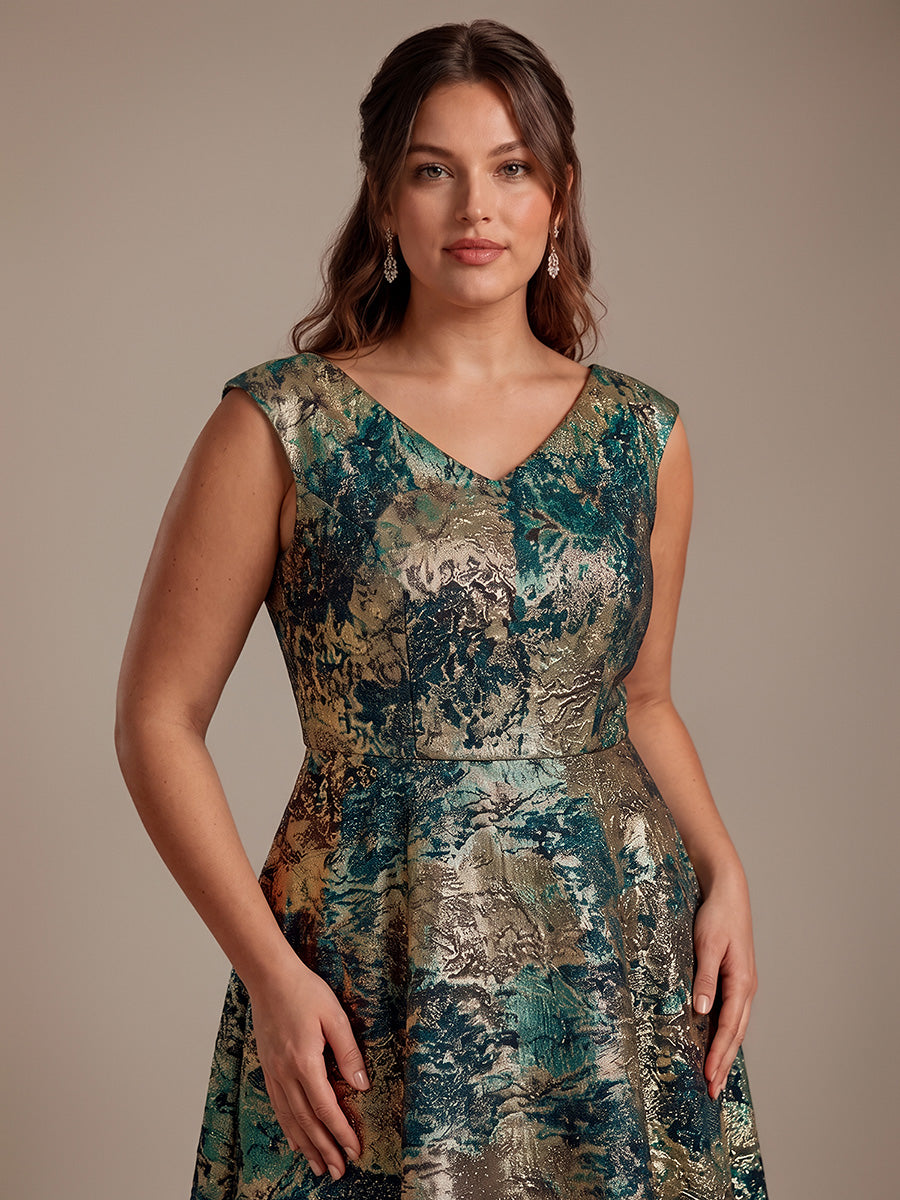 Jacquard Cap Sleeve A-Line Wedding Guest Dress #color_Dark Green/Gold