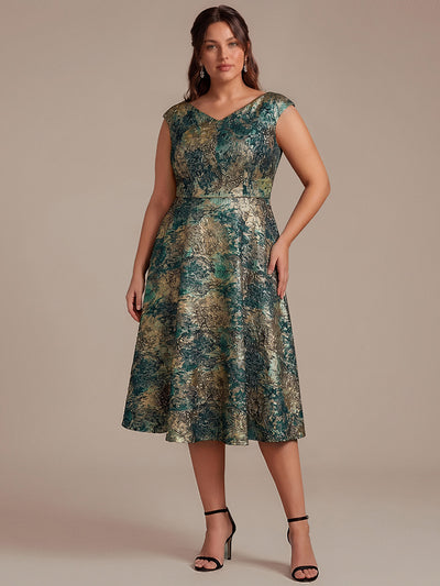 Plus Size Jacquard Double A-Line Midi Wedding Guest Dress