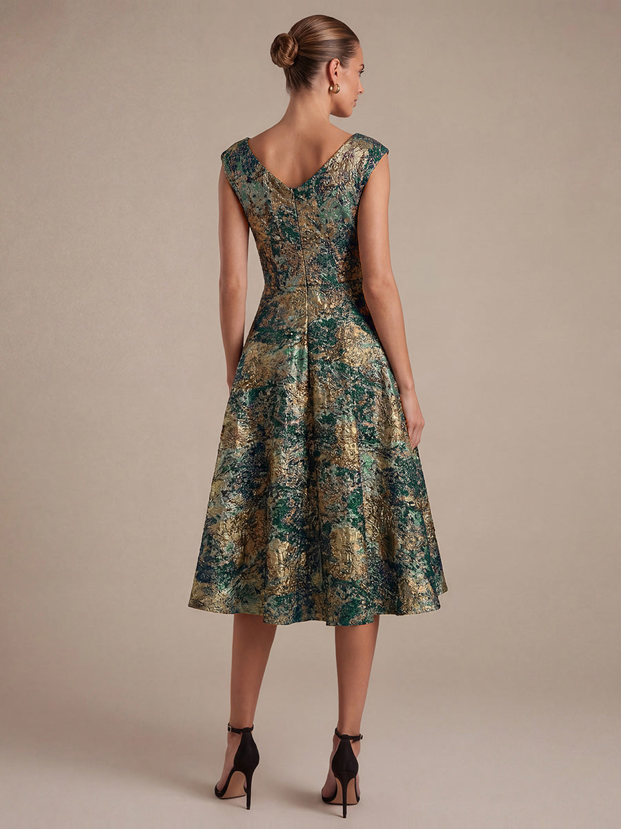 Jacquard Cap Sleeve A-Line Wedding Guest Dress #color_Dark Green