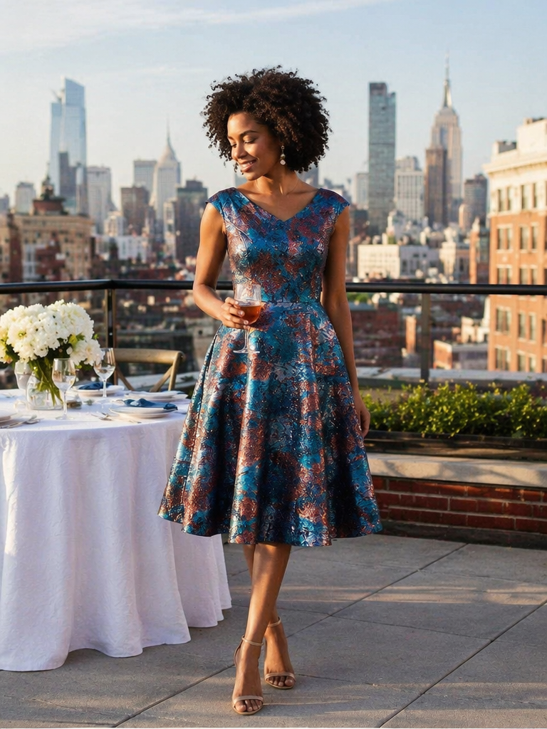 Jacquard Cap Sleeve A-Line Wedding Guest Dress #color_Sapphire Blue/Gold