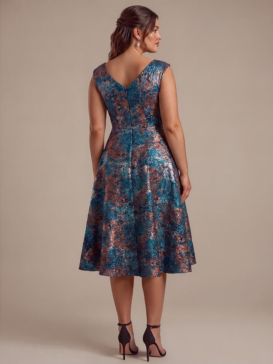 Jacquard Cap Sleeve A-Line Wedding Guest Dress #color_Sapphire Blue/Gold