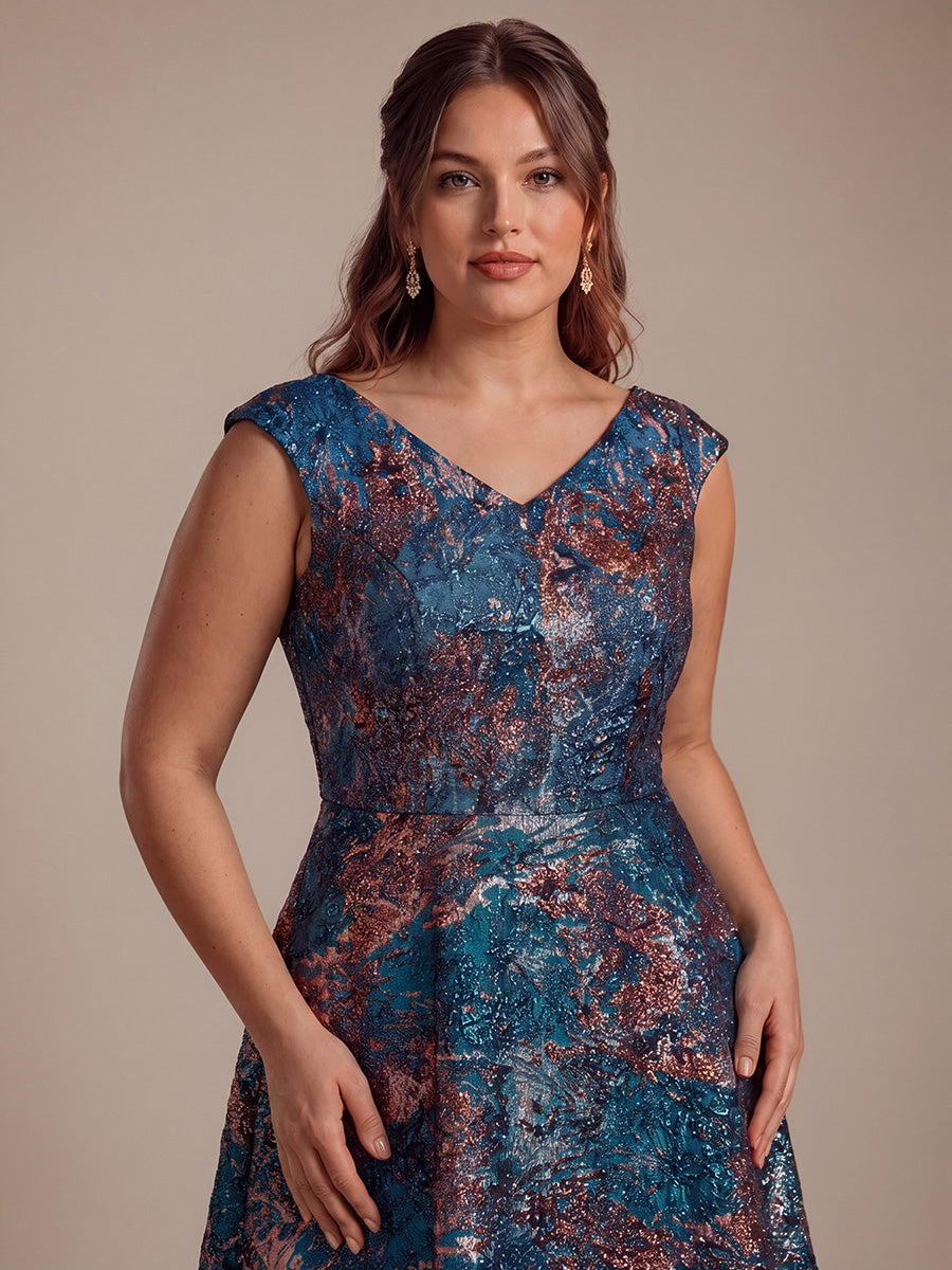Jacquard Cap Sleeve A-Line Wedding Guest Dress #color_Sapphire Blue/Gold
