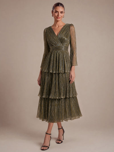 Tiered Lurex Tulle Shimmer Long Sleeve Wedding Guest Dress