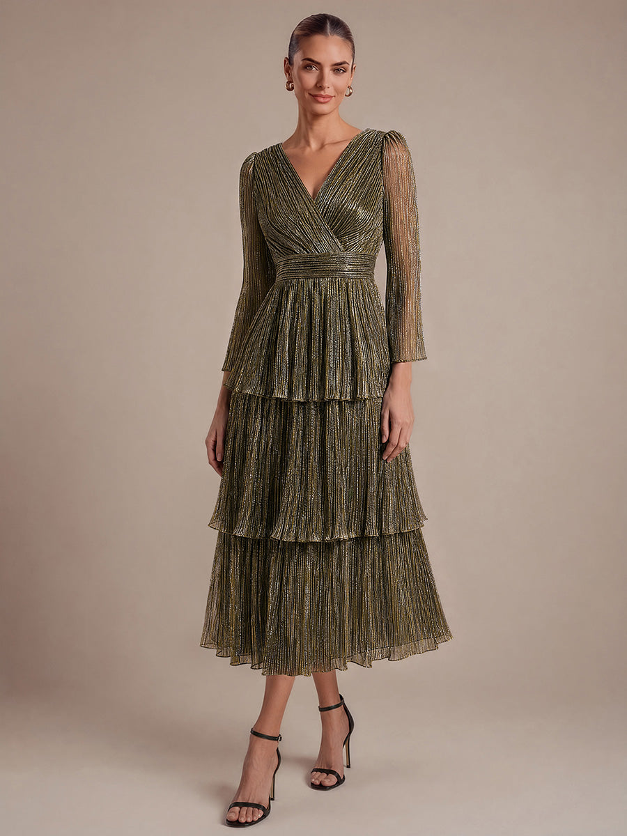 Tiered Lurex Tulle Shimmer Long Sleeve Wedding Guest Dress #color_Metallic Gold