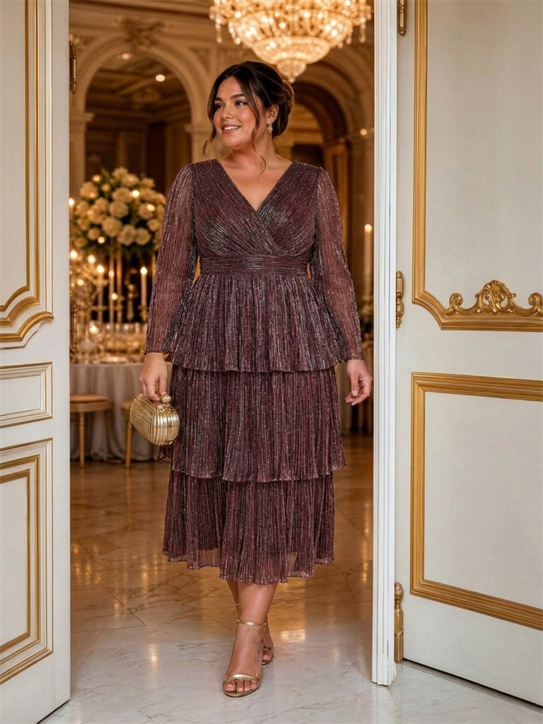 Plus Size Tiered Tulle Shimmer Wedding Guest Dress #color_Mahogany Brown